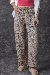 Khaki Leopard Print Drawstring Waist Pocketed Wide Leg Jeans